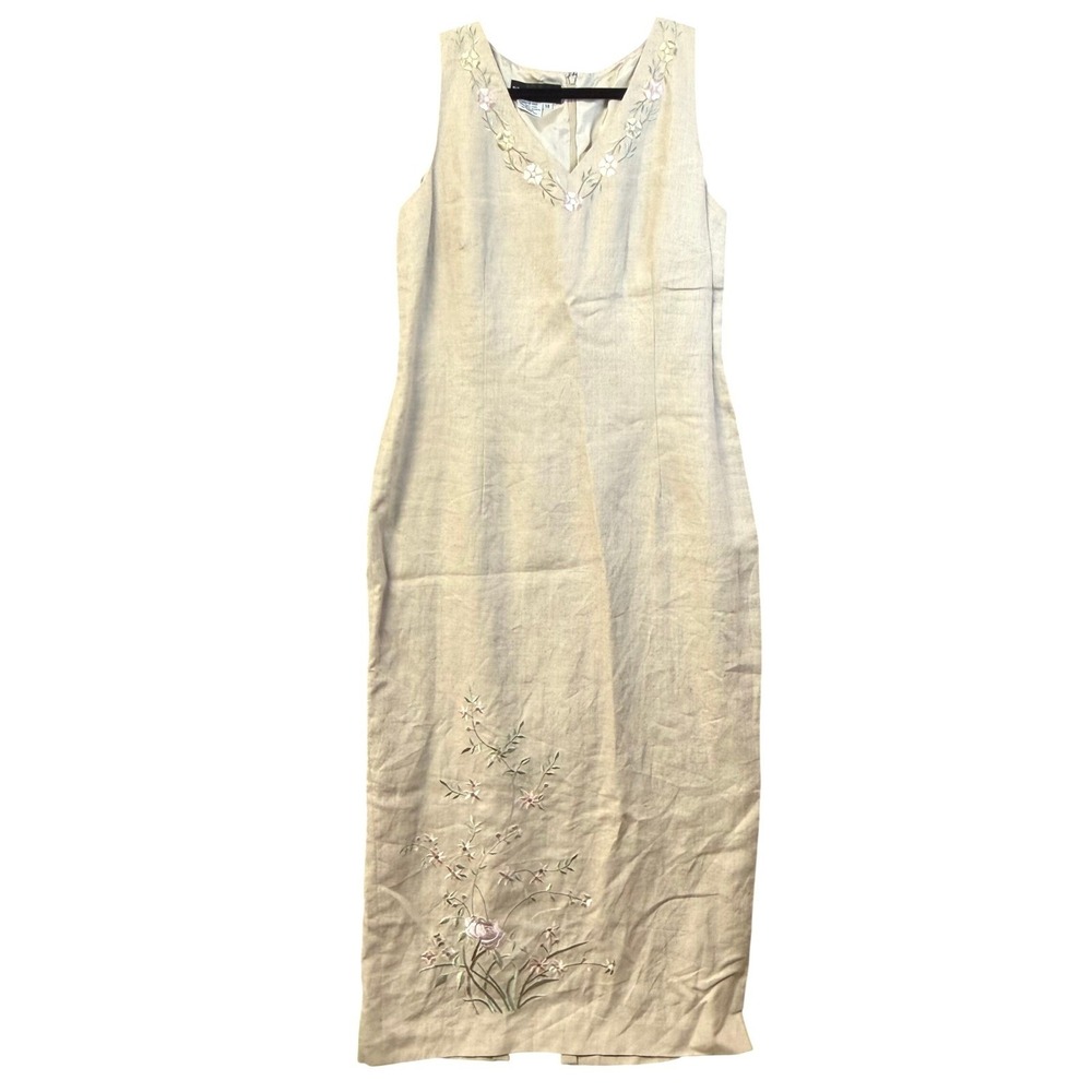 Donna Morgan Vintage 100% Linen Floral Embroidered Maxi Dress Beige Womens 14